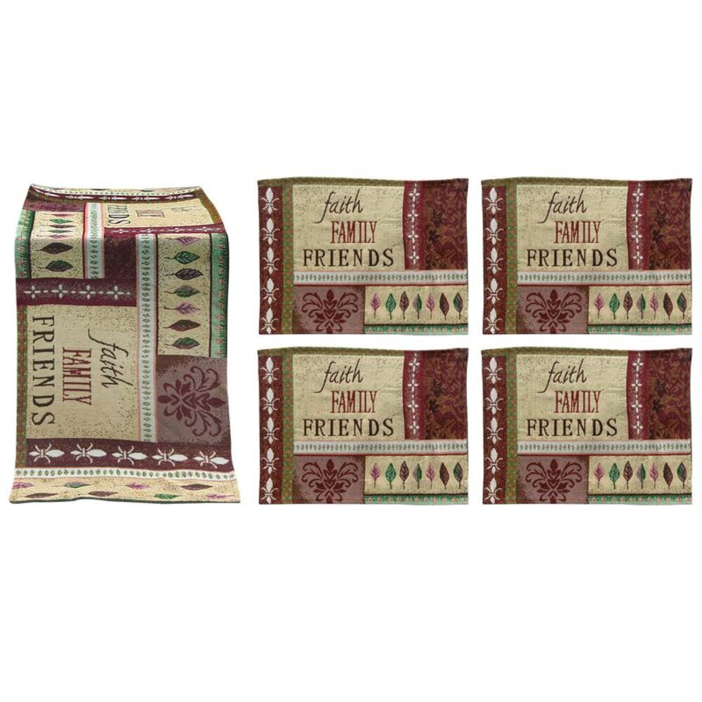 Faith, Family, Friends 5-Piece Tapestry Placemat & Table Runner Set in Burgundy